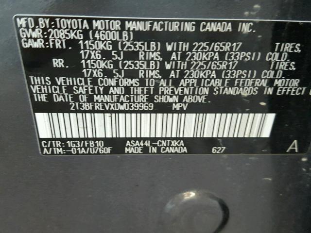 2T3BFREVXDW039969 - 2013 TOYOTA RAV4 LE Boz foto 10