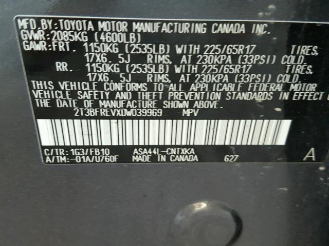 2T3BFREVXDW039969 - 2013 TOYOTA RAV4 LE GRAY photo 10