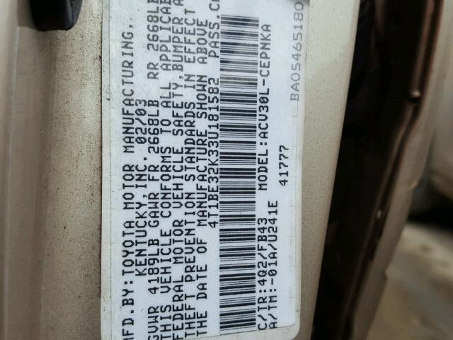 4T1BE32K33U181582 - 2003 TOYOTA CAMRY LE 金色 照片 10