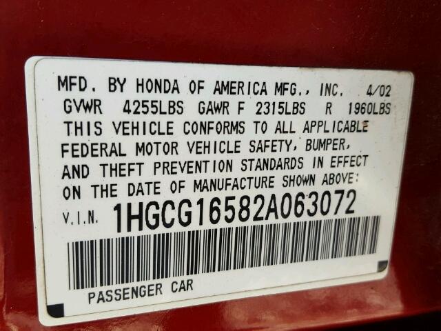 1HGCG16582A063072 - 2002 HONDA ACCORD EX RED photo 10