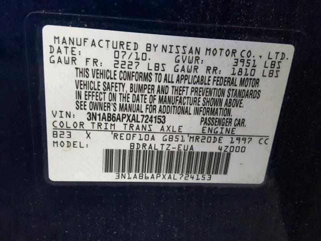 3N1AB6APXAL724153 - 2010 NISSAN SENTRA 2.0 BLUE photo 10