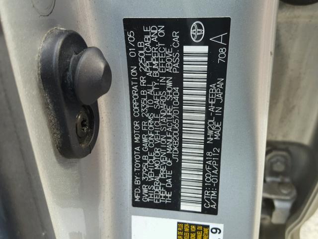 JTDKB20U657010404 - 2005 TOYOTA PRIUS GRAY photo 10