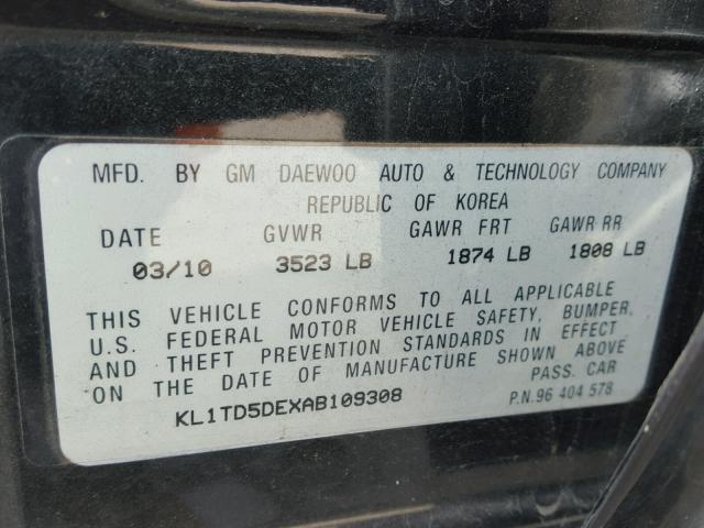 KL1TD5DEXAB109308 - 2010 CHEVROLET AVEO LS BLACK photo 10