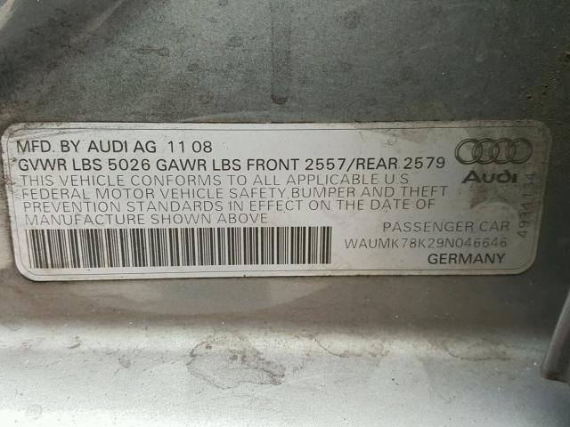 WAUMK78K29N046646 - 2009 AUDI A4 PRESTIG GRAY photo 10