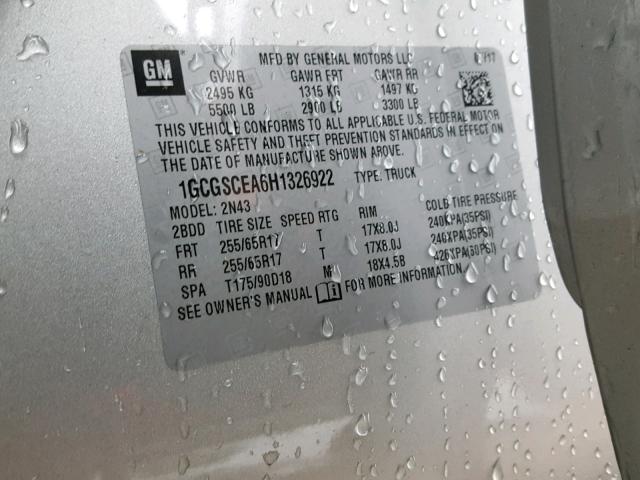 1GCGSCEA6H1326922 - 2017 CHEVROLET COLORADO L SILVER photo 10