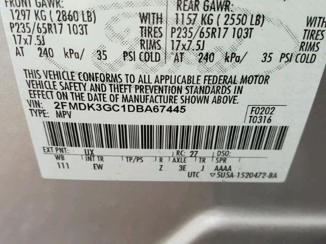 2FMDK3GC1DBA67445 - 2013 FORD EDGE SE SILVER photo 10