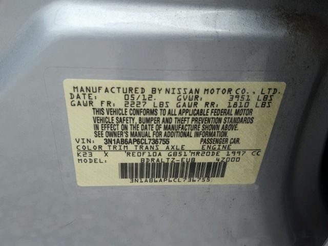 3N1AB6AP6CL736755 - 2012 NISSAN SENTRA 2.0 SILVER photo 10