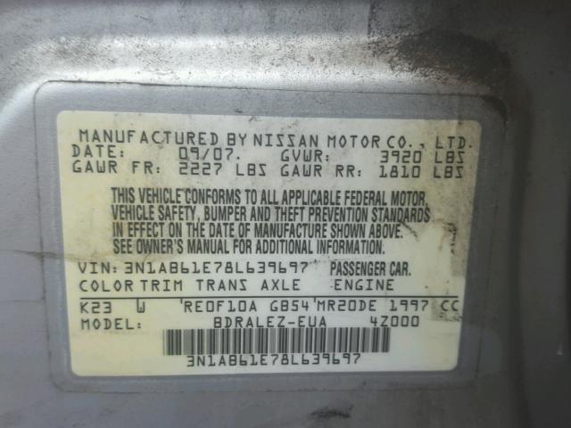 3N1AB61E78L639697 - 2008 NISSAN SENTRA 2.0 SILVER photo 10