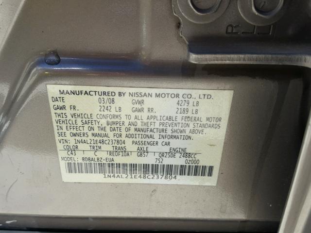 1N4AL21E48C237804 - 2008 NISSAN ALTIMA 2.5 TAN photo 10