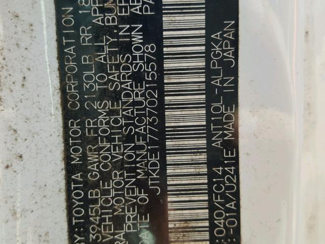 JTKDE177370215578 - 2007 TOYOTA SCION TC 白色 照片 10