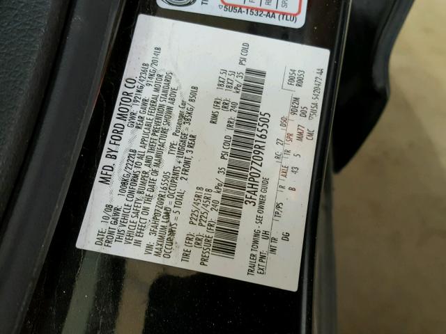 3FAHP07Z09R165505 - 2009 FORD FUSION SE BLACK photo 10