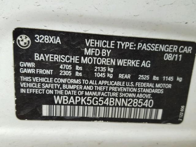 WBAPK5G54BNN28540 - 2011 BMW 328 XI SUL WHITE photo 10