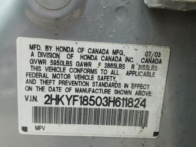 2HKYF18503H611824 - 2003 HONDA PILOT EXL SILVER photo 10