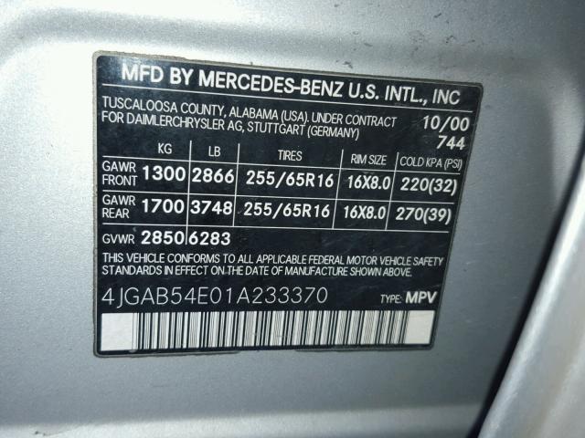 4JGAB54E01A233370 - 2001 MERCEDES-BENZ ML 320 SILVER photo 10