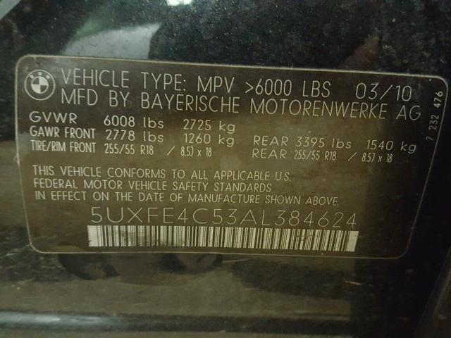 5UXFE4C53AL384624 - 2010 BMW X5 XDRIVE3 BLACK photo 10