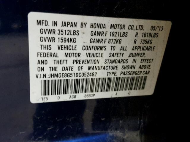 JHMGE8G51DC052482 - 2013 HONDA FIT SPORT BLUE photo 10