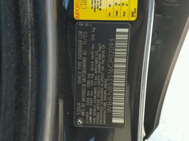 WBANB53516CP02093 - 2006 BMW 550 I BLACK photo 10