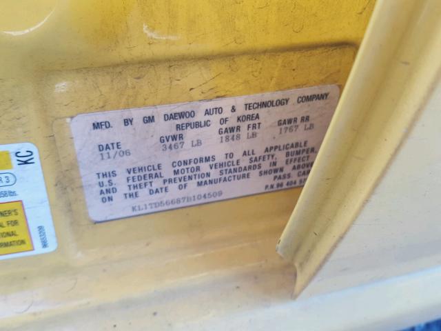 KL1TD56687B104509 - 2007 CHEVROLET AVEO BASE 黄色 照片 10