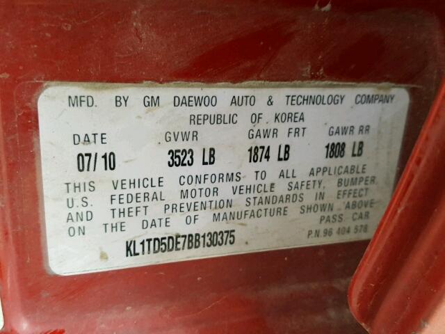 KL1TD5DE7BB130375 - 2011 CHEVROLET AVEO LS 红色 照片 10