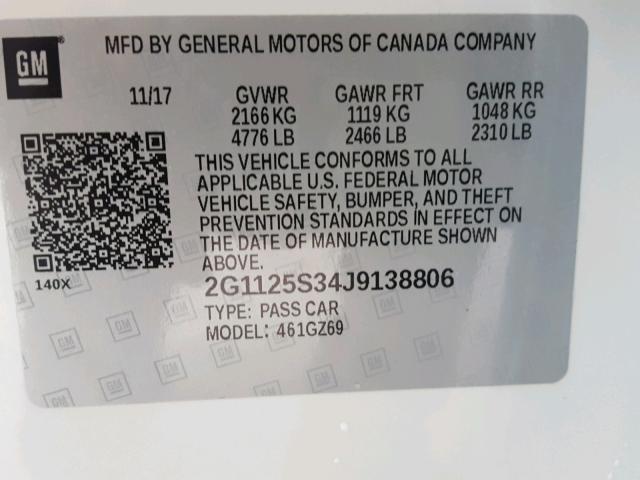 2G1125S34J9138806 - 2018 CHEVROLET IMPALA PRE WHITE photo 10