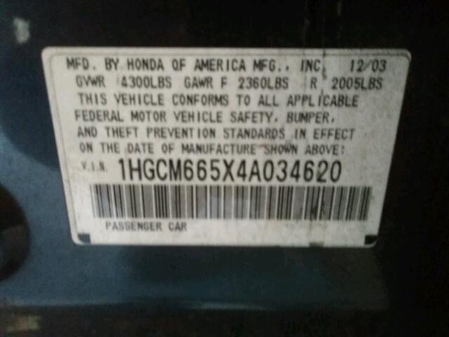 1HGCM665X4A034620 - 2004 HONDA ACCORD EX GRAY photo 10