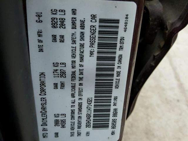 2B3HD46R11H714321 - 2001 DODGE INTREPID S 栗色 照片 10