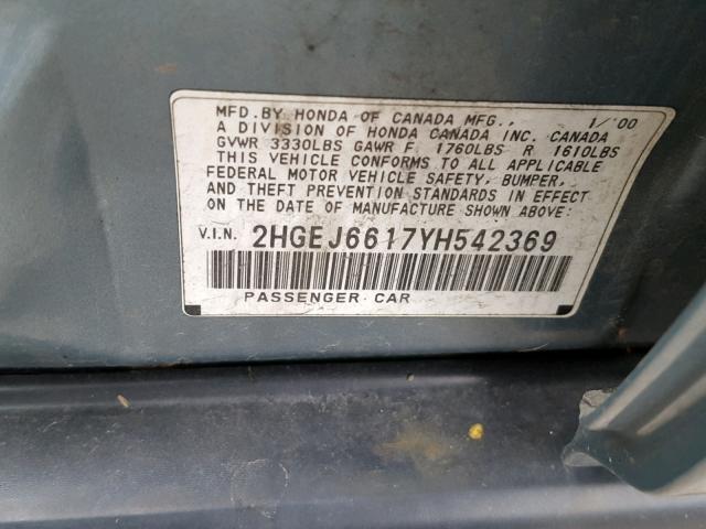 2HGEJ6617YH542369 - 2000 HONDA CIVIC BASE 蓝色 照片 10