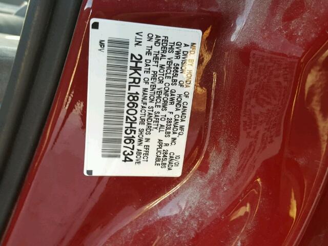 2HKRL18602H516734 - 2002 HONDA ODYSSEY EX RED photo 10