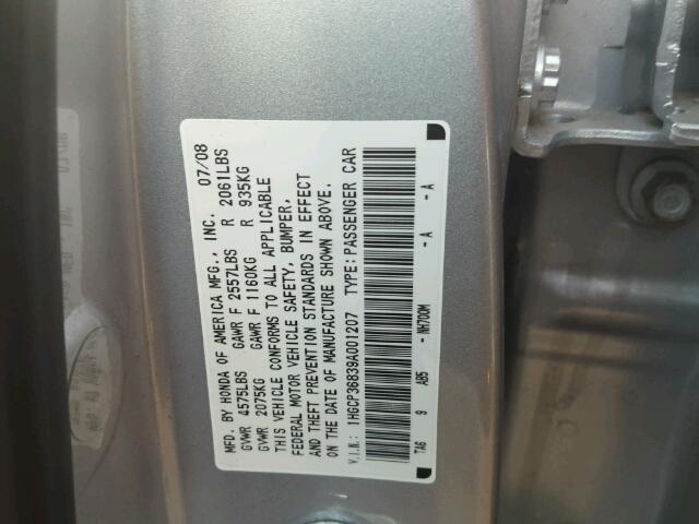 1HGCP36839A001207 - 2009 HONDA ACCORD EXL SILVER photo 10