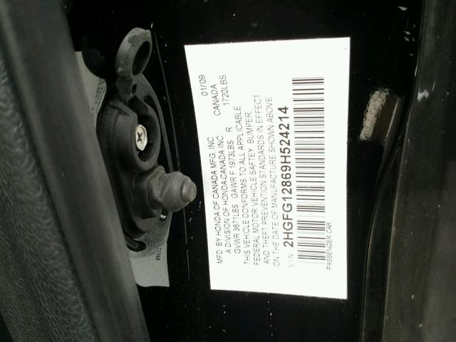 2HGFG12869H524214 - 2009 HONDA CIVIC EX 黑色 照片 10