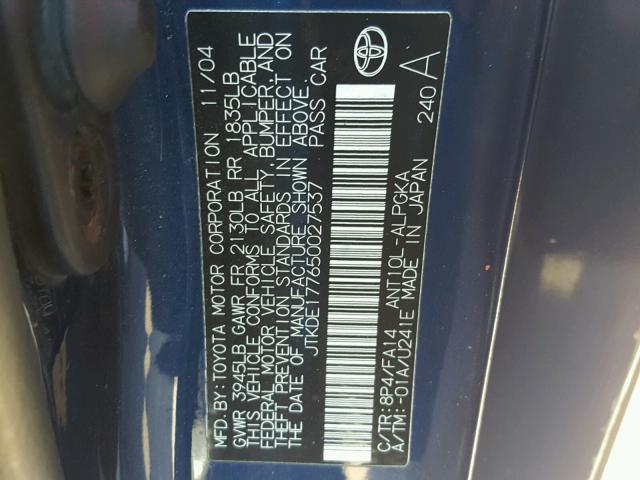 JTKDE177650027537 - 2005 TOYOTA SCION TC ლურჯი ფოტო 10