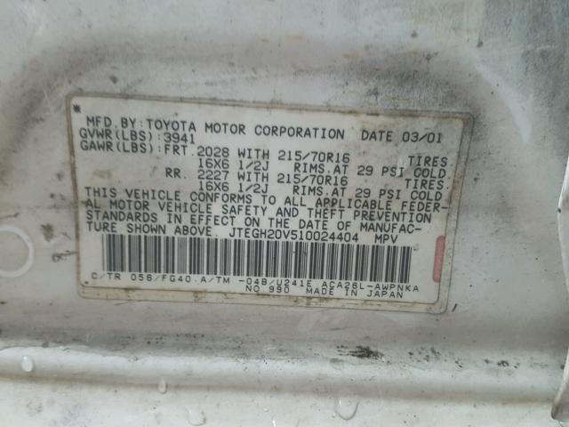 JTEGH20V510024404 - 2001 TOYOTA RAV4 WHITE photo 10