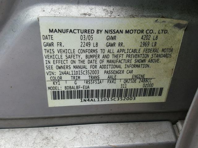 1N4AL11D15C352003 - 2005 NISSAN ALTIMA S SILVER photo 10