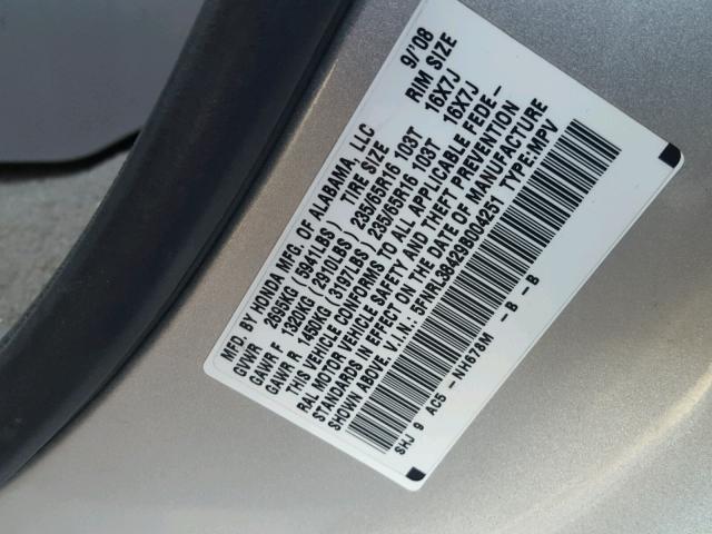 5FNRL38429B004251 - 2009 HONDA ODYSSEY EX SILVER photo 10