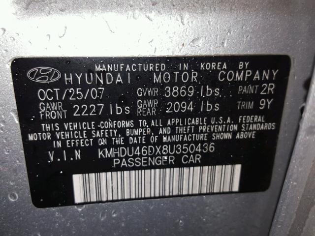 KMHDU46DX8U350436 - 2008 HYUNDAI ELANTRA GL SILVER photo 10