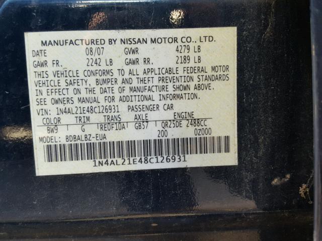 1N4AL21E48C126931 - 2008 NISSAN ALTIMA 2.5 BLUE photo 10