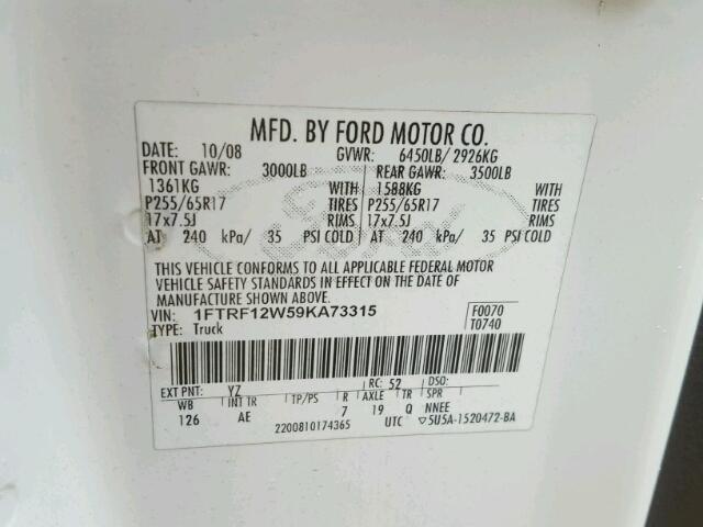 1FTRF12W59KA73315 - 2009 FORD F150 WHITE photo 10