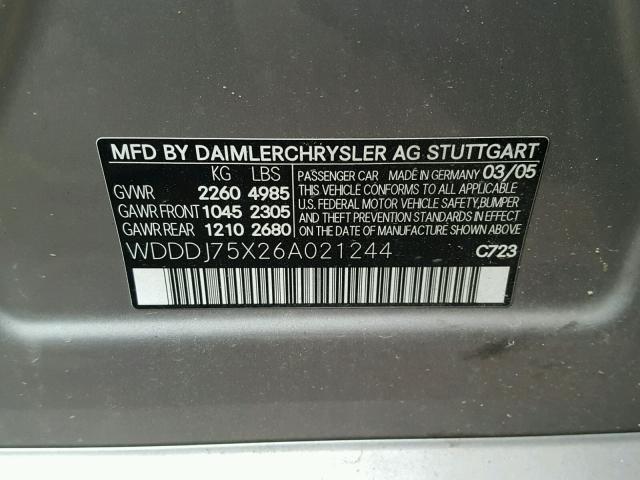 WDDDJ75X26A021244 - 2006 MERCEDES-BENZ CLS 500C GRAY photo 10