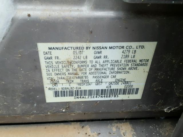 1N4AL21E47N468785 - 2007 NISSAN ALTIMA 2.5 SILVER photo 10