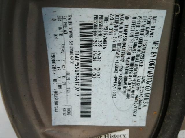 1FAFP55U94A170717 - 2004 FORD TAURUS SES GOLD photo 10