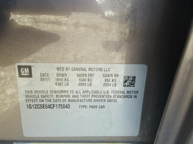 1G1ZC5E04CF175043 - 2012 CHEVROLET MALIBU 1LT GRAY photo 10