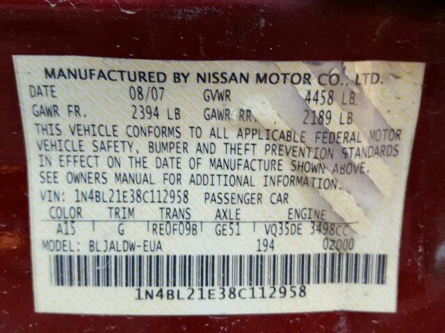 1N4BL21E38C112958 - 2008 NISSAN ALTIMA 3.5 RED photo 10