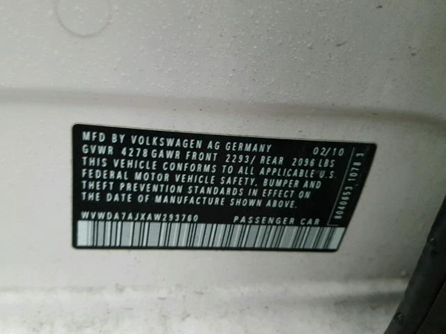 WVWDA7AJXAW293760 - 2010 VOLKSWAGEN GOLF 白色 照片 10