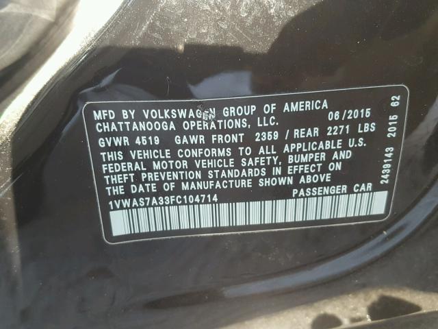 1VWAS7A33FC104714 - 2015 VOLKSWAGEN PASSAT S შავი ფოტო 10