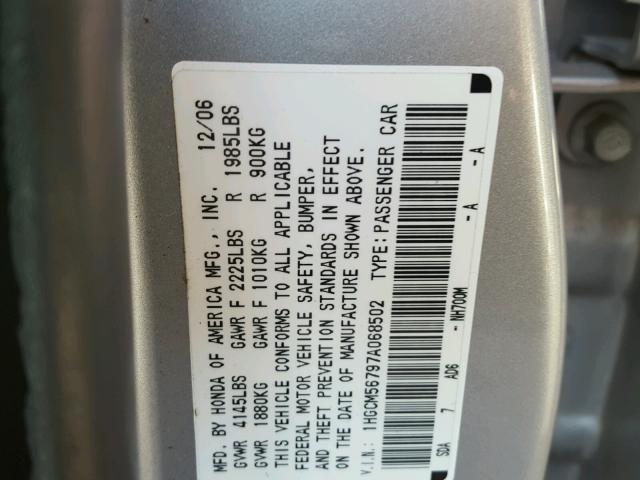 1HGCM56797A068502 - 2007 HONDA ACCORD EX SILVER photo 10