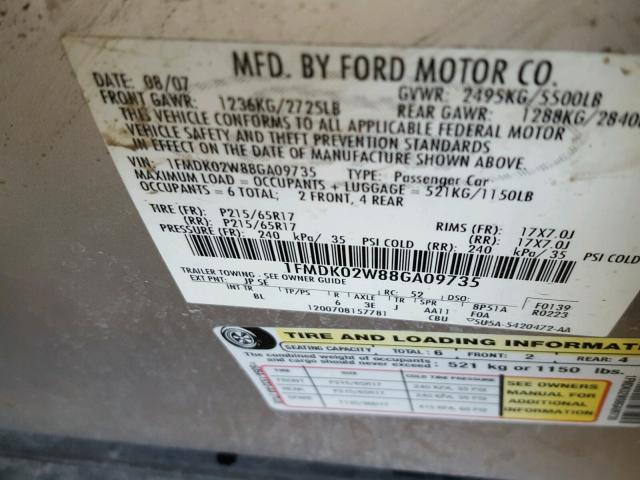 1FMDK02W88GA09735 - 2008 FORD TAURUS X S SILVER photo 10