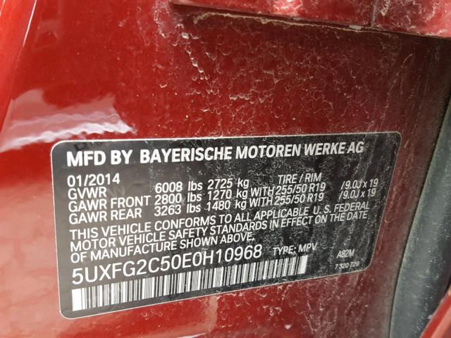 5UXFG2C50E0H10968 - 2014 BMW X6 XDRIVE3 RED photo 10