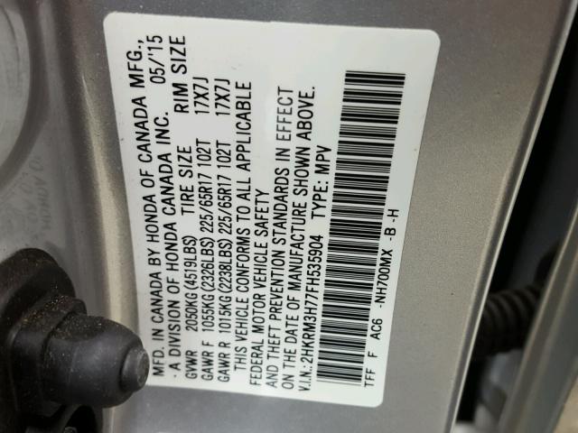 2HKRM3H77FH535904 - 2015 HONDA CR-V EXL SILVER photo 10