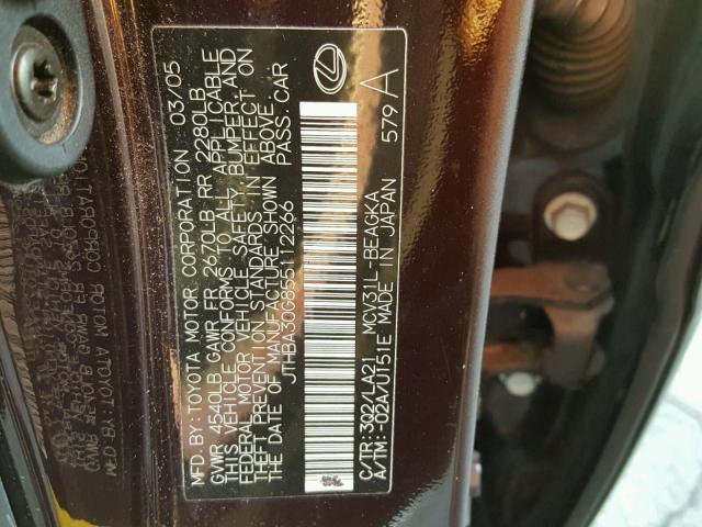 JTHBA30G855112266 - 2005 LEXUS ES 330 BURGUNDY photo 10