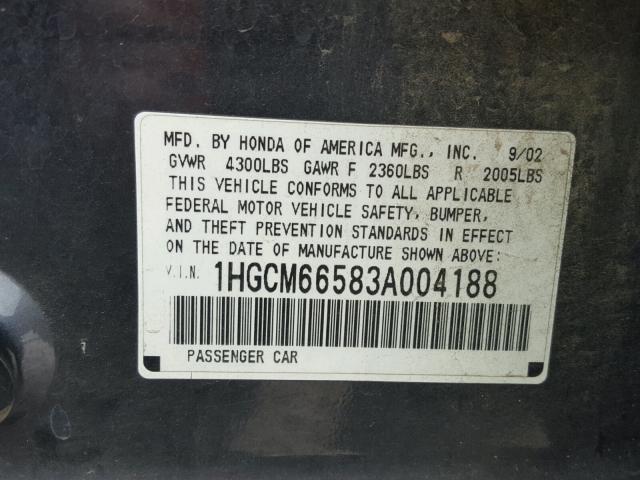 1HGCM66583A004188 - 2003 HONDA ACCORD GRAY photo 10